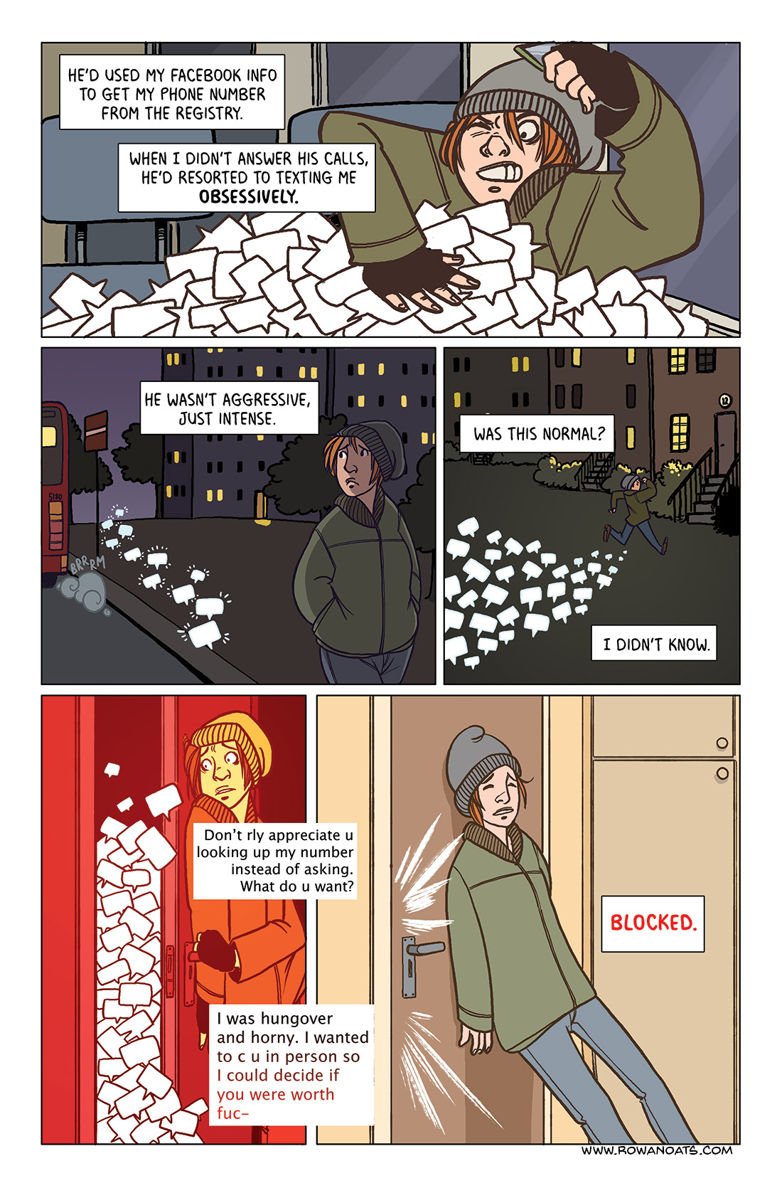 Last page. The author is chased all the way home by messages. The messages become increasingly unpleasant, and the author just about manages to close the door behind them. Blocked!