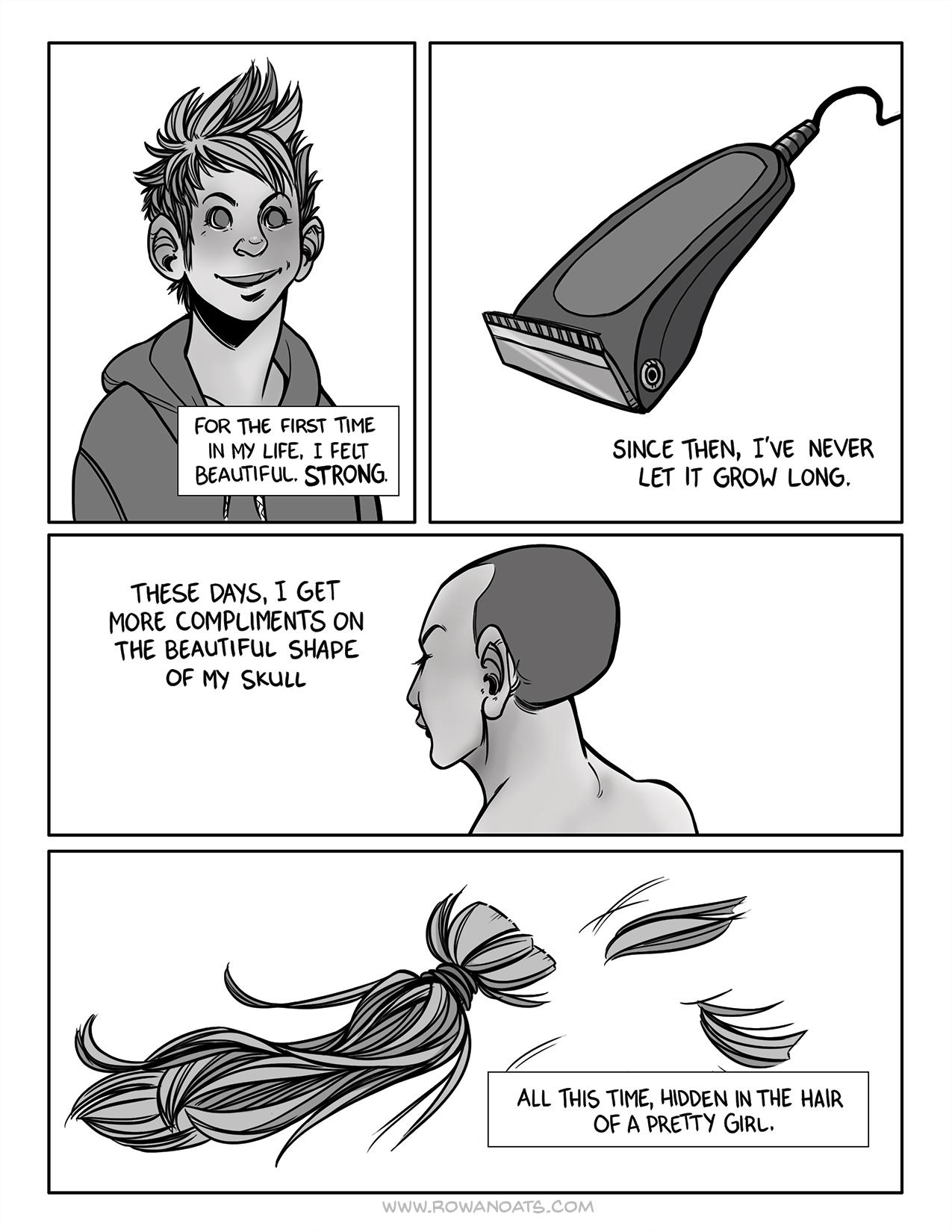 The first page of a grayscale comic page about how pretty girls have long hair. The author has always had long hair, but never felt like a pretty girl.