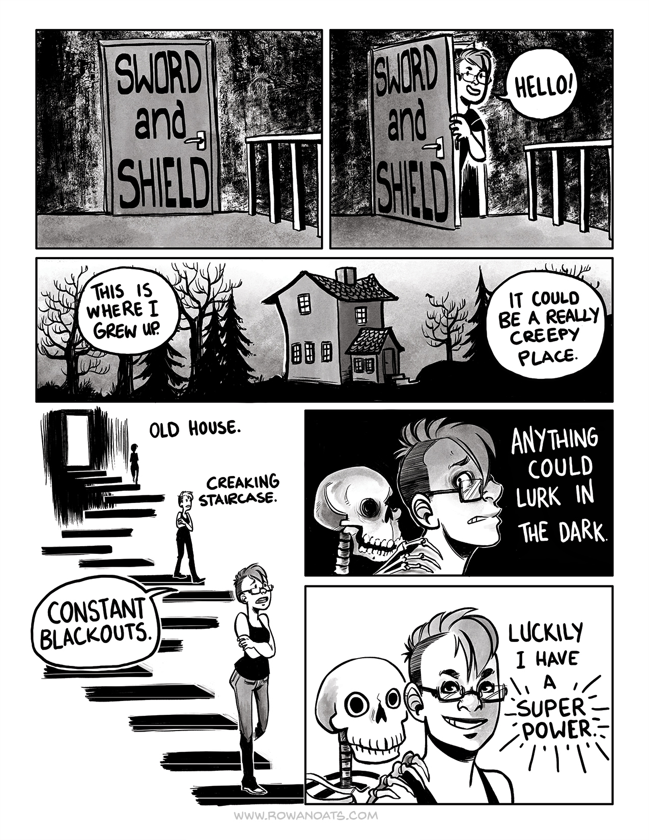 The first page of a grayscale comic. The author invites the reader to their childhood home, an old house far out on the countryside. Creaky stairs, howling wind... a creepy experience. Luckily, the author has a super power.