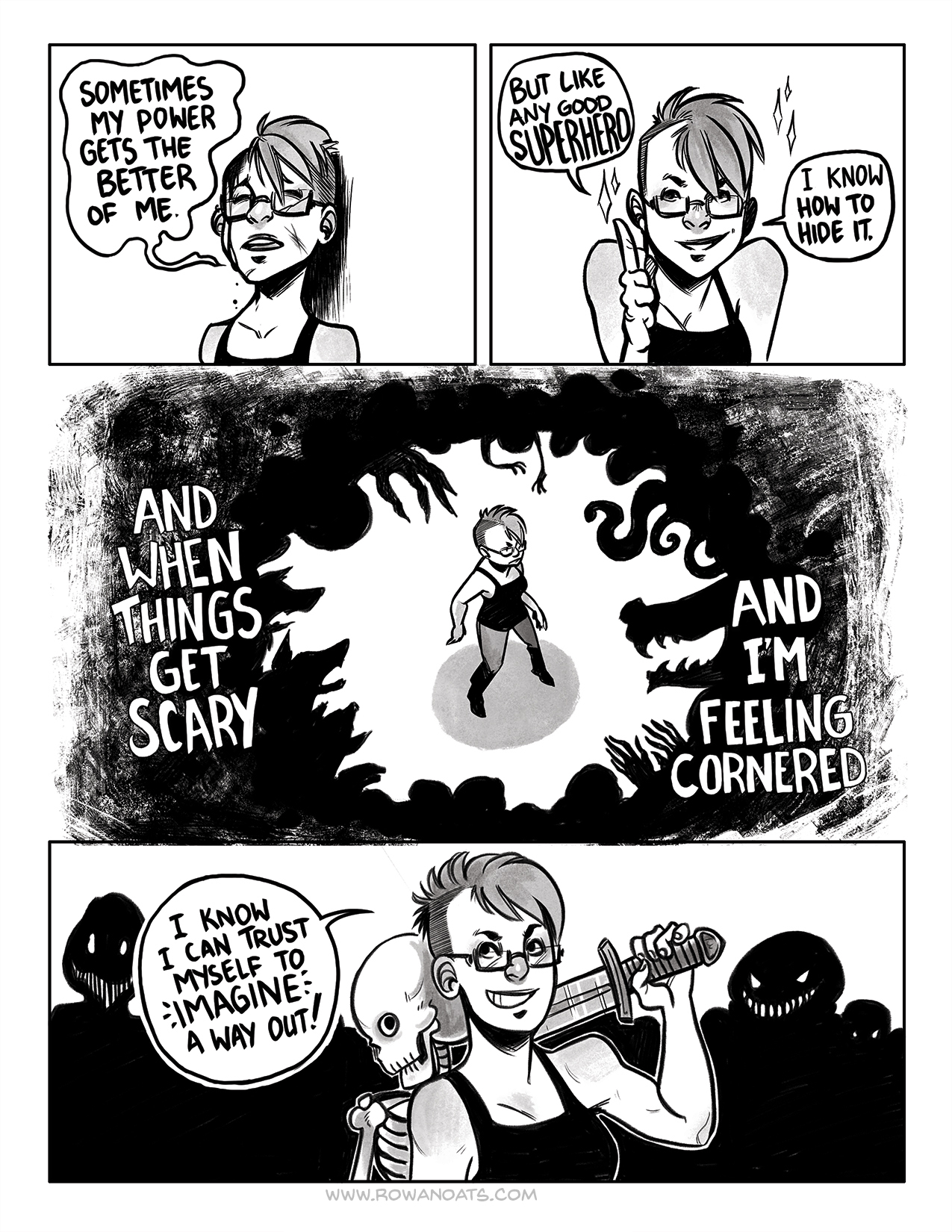 Last page. The author admits that sometimes it takes a lot out of them to pretend everything is fine... good thing they have a strong imagination and can show a composed mask to the outside world.