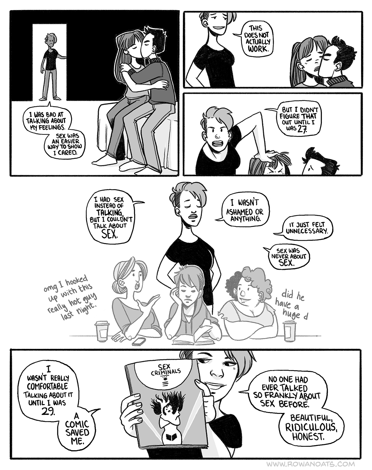 Second page. The author talks about their awkward relationship with sex, and how it was often a substitute for emotional intimacy. The comic 'Sex Criminals' changed that, with its ridiculous and frank portrayal of sex.