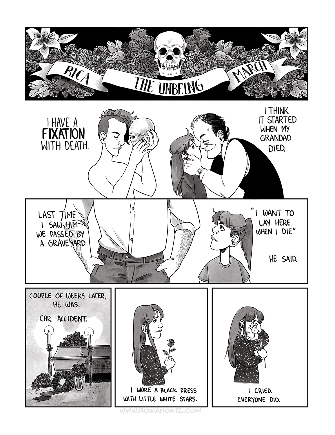 The first page of a grayscale comic. The author talks about their fixation with death, and how it began with the death of their grandfather. He disclosed how he wanted to be buried, and then a couple of weeks later he died in a car accident.