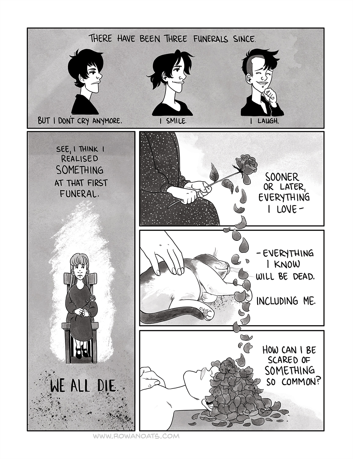 Second page. The author explains how they don't cry at funerals anymore. We all die. How can we be scared of something so common?