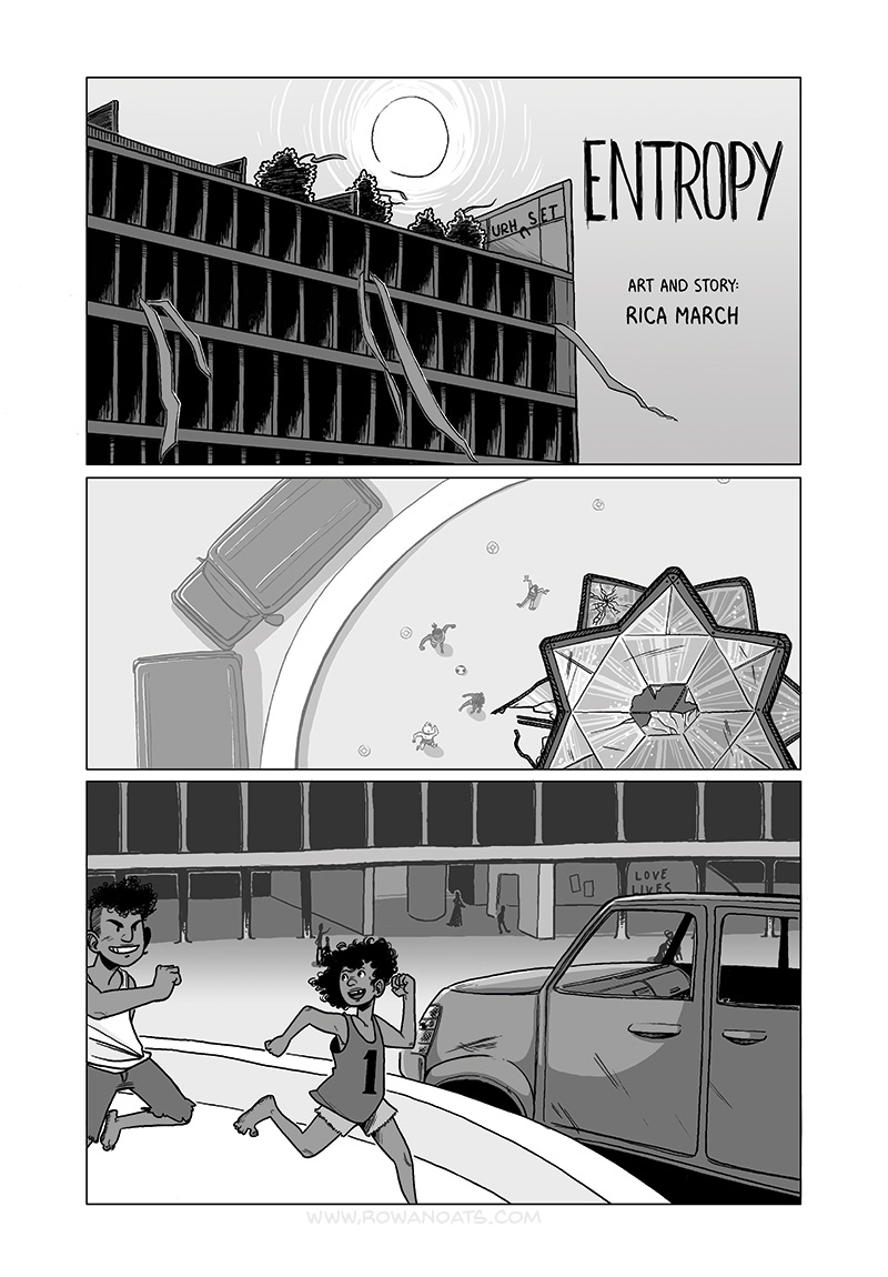 First page of a black and white comic. A post-apocalyptic Stockholm. Kulturhuset is blown out. The fountain is empty of water, the crystal statue cracked.
