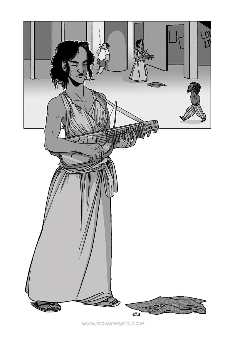 Second page. Our Protagonist Nekki is introduced. She's preparing to play the key harp, a shawl with a few coins laying at her feet.