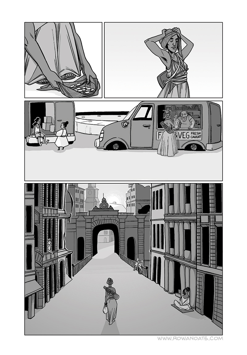 Fourth page. Nekki gathers up her payment and buys some vegetables from a broken down van before heading home along Drottninggatan.