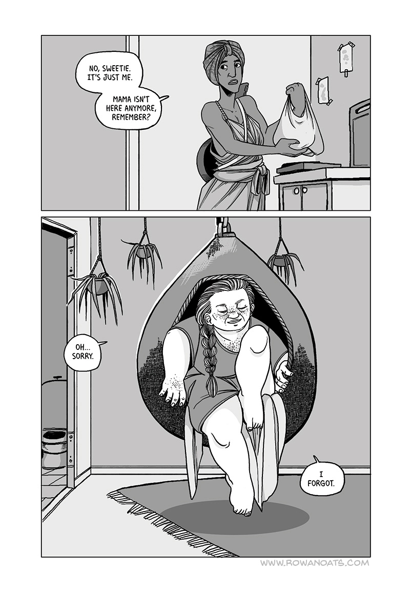 Sixth page. We meet Betula. She's been curled up in a hanging chair but now unfolds herself. Nekki says it's just her, Mama's not around anymore. Betula apologises for forgetting.