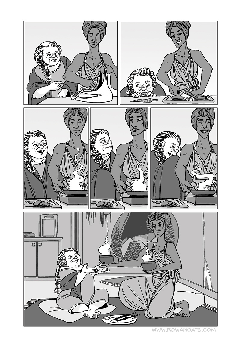Seventh page. The two chat and laugh as Nekki makes dinner, and then they sit down to eat together.