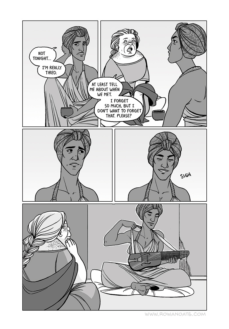 Ninth page. Nekki doesn't want to talk about the before times, but Betula convinces her. She retrieves the key harp with a sigh.