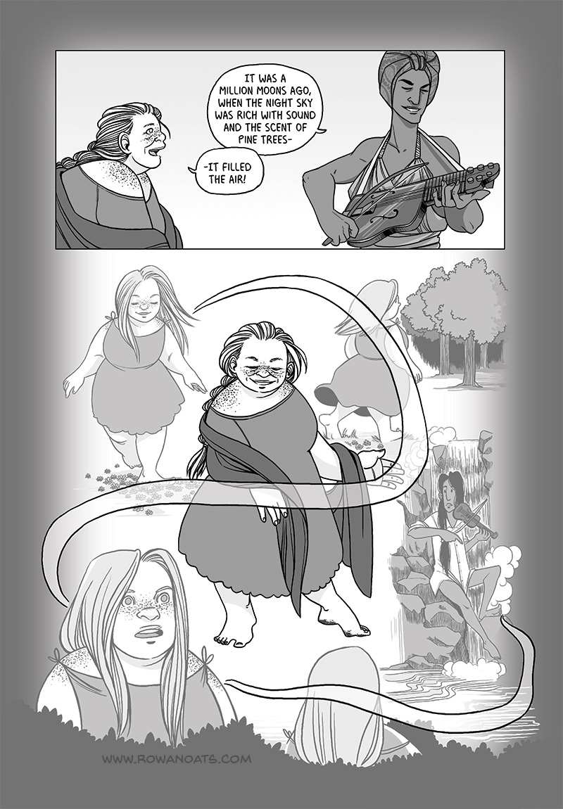 Tenth page. Nekki starts telling about what the world was like before the Event, and Betula quickly fills in details, her memory triggered. They talk about how they met, a water sprite and a wood nymph. 