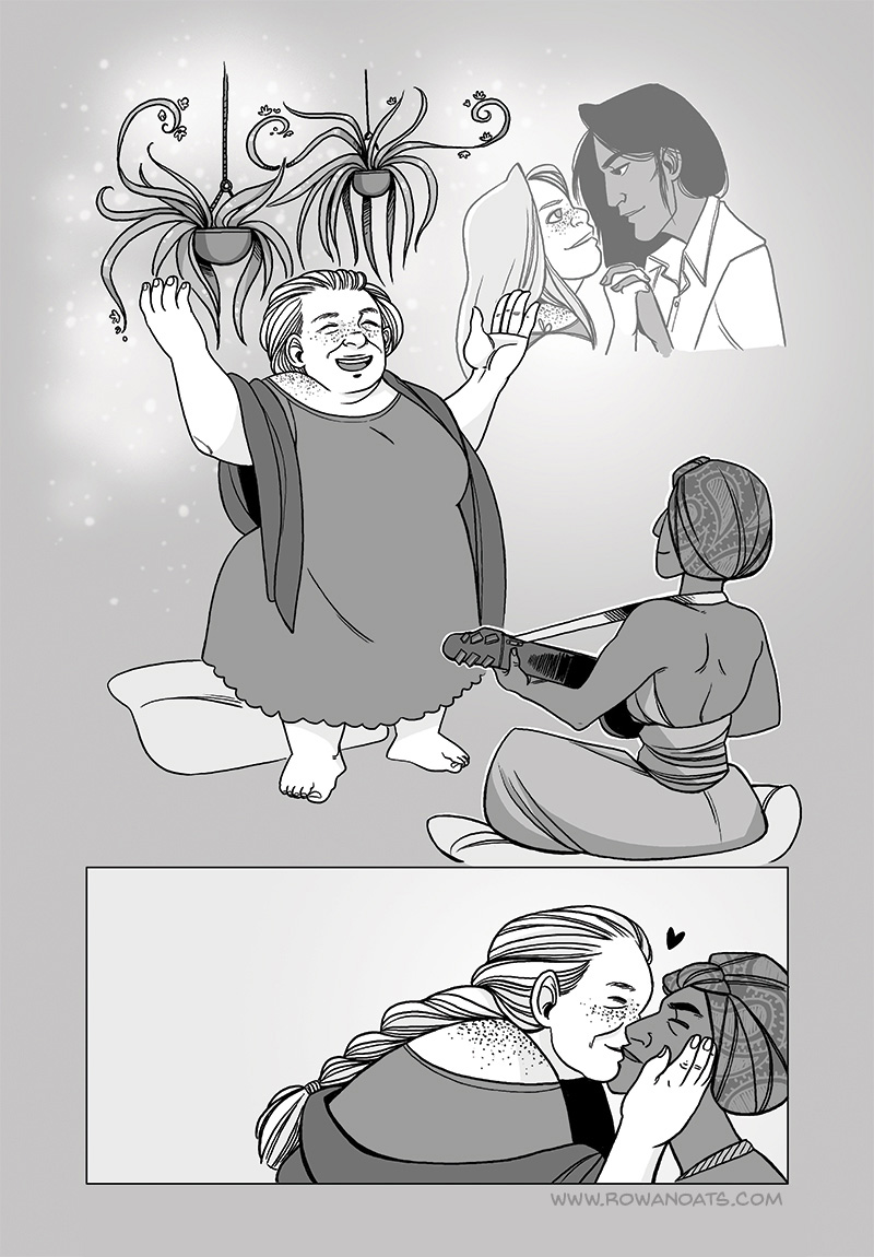 Eleventh page. Betula is on her feet, dancing happily as they tell the story to each other. At the end, Betula leans in to kiss Nekki. 