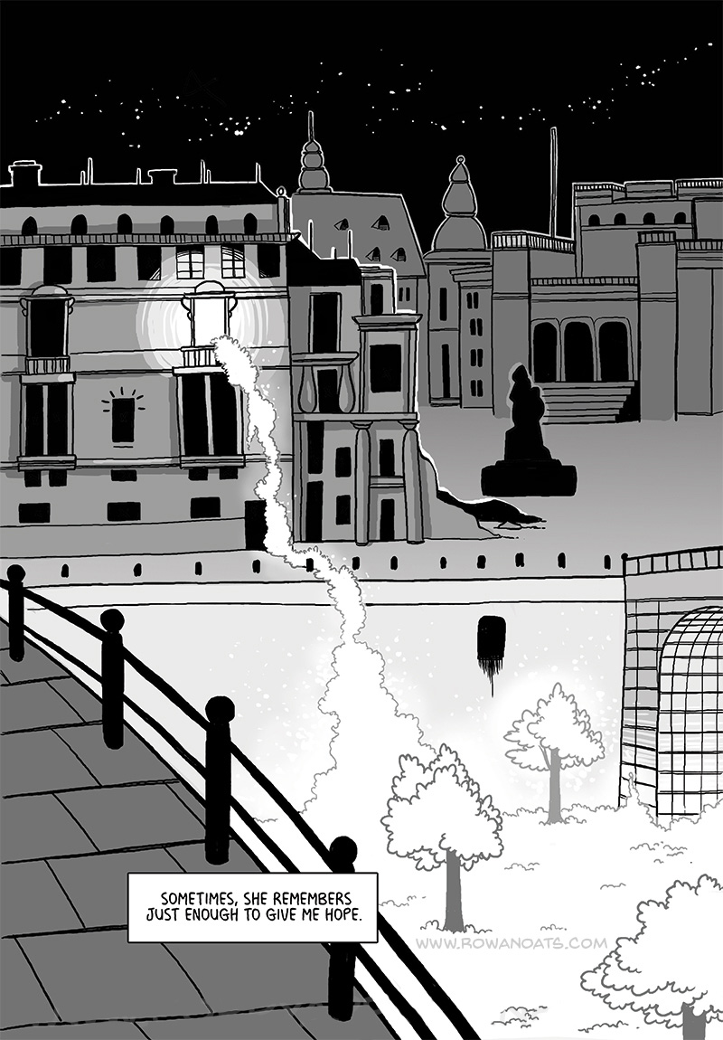 Twelfth page. The couple's apartment from the outside, a starry sky above and a richness of greenery spilling out of the broken window and down to the ground where trees are immediately sprouting up. Sometimes Betula remembers enough to give them all hope. 