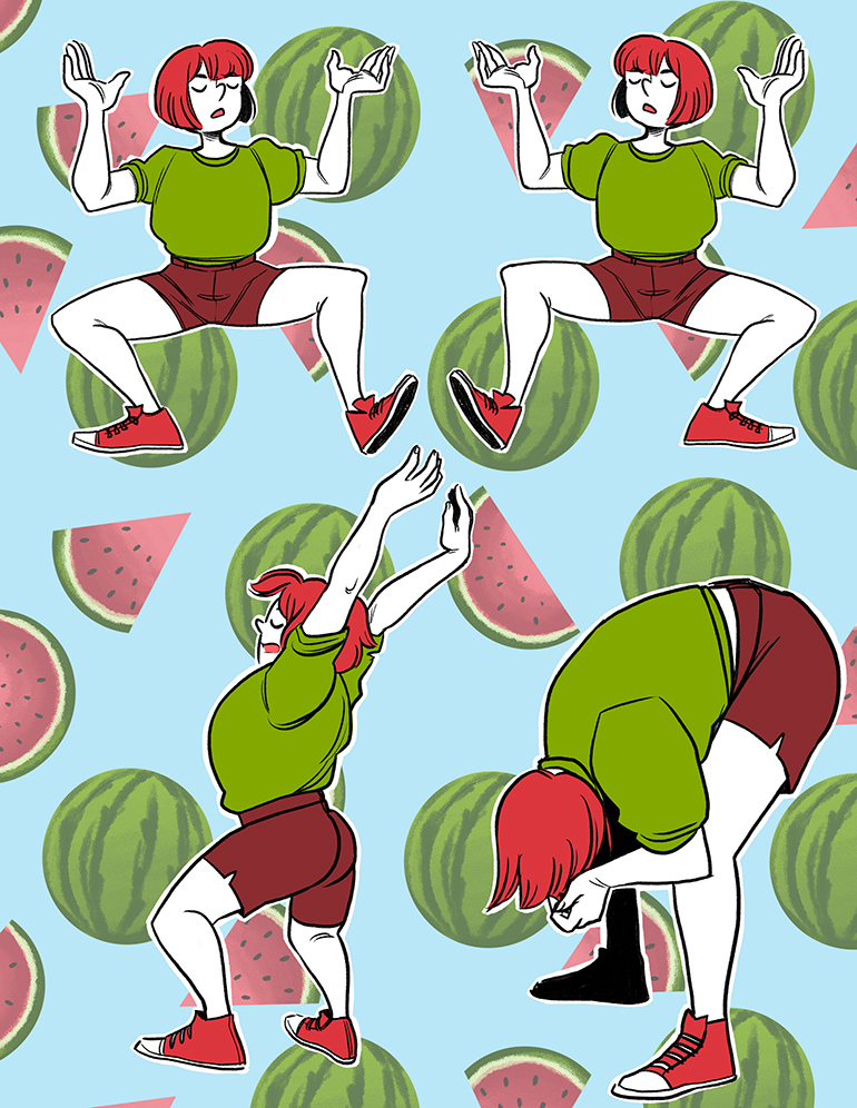 Dances Moving Episode 7 dance continues, with watermelons in the background.