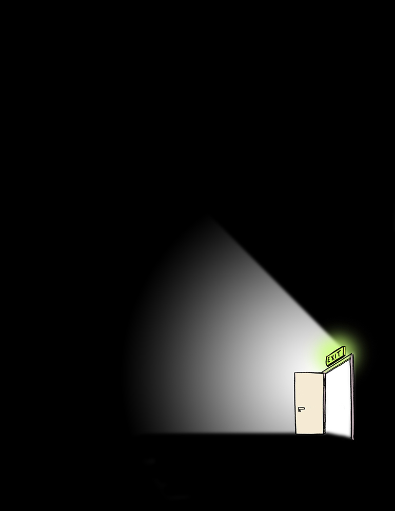 The room is dark, light spilling out from the closed exit door.