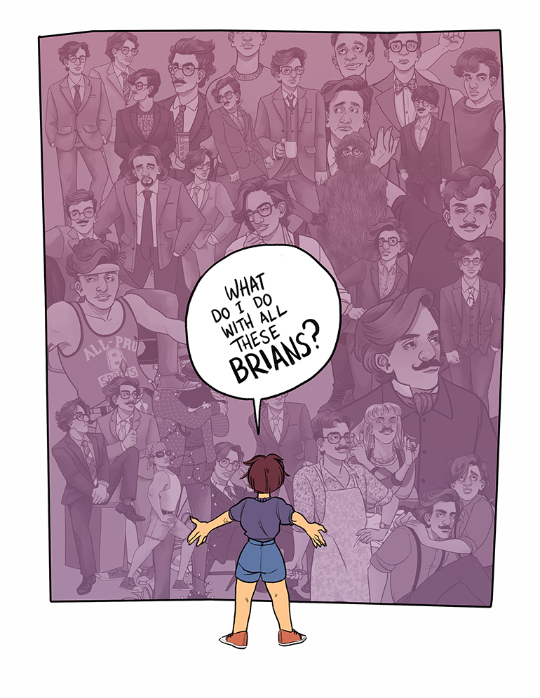 BONUS. The author stands before a wall of discarded Brian David Gilbert illustrations. What to do with all these Brians?