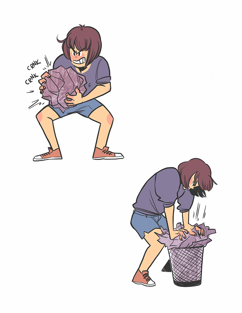 The author crumples the wall into a tight ball and shoves it forcefully down a waste basket.