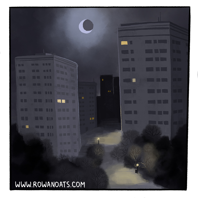 Panel one. A residential area, with several 1950's highrises.