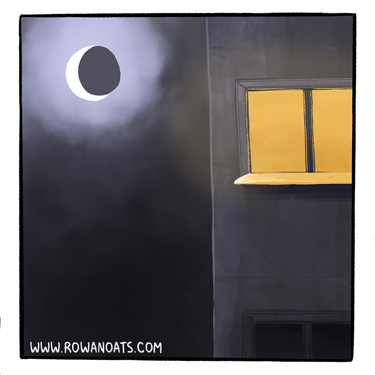 Panel two. We zoom in on one of the apartments. There's a light on in the window.