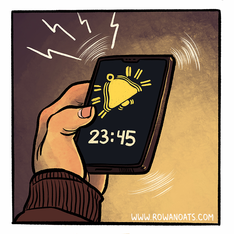 Panel five. The alarm on their phone goes off. It's a quarter to midnight.