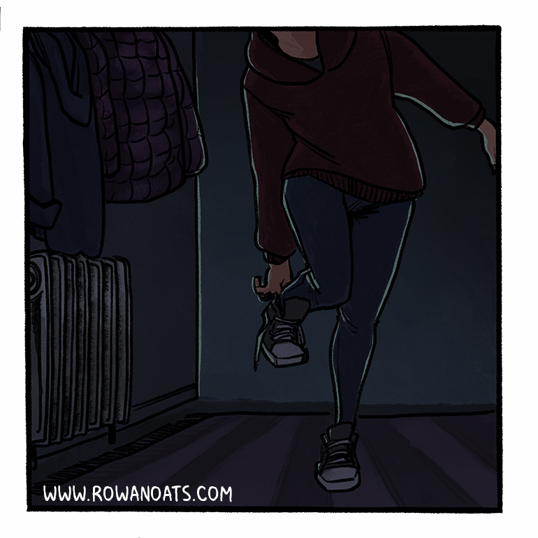 Panel nine. Our protagonist quietly puts on their sneakers in the dark hall.