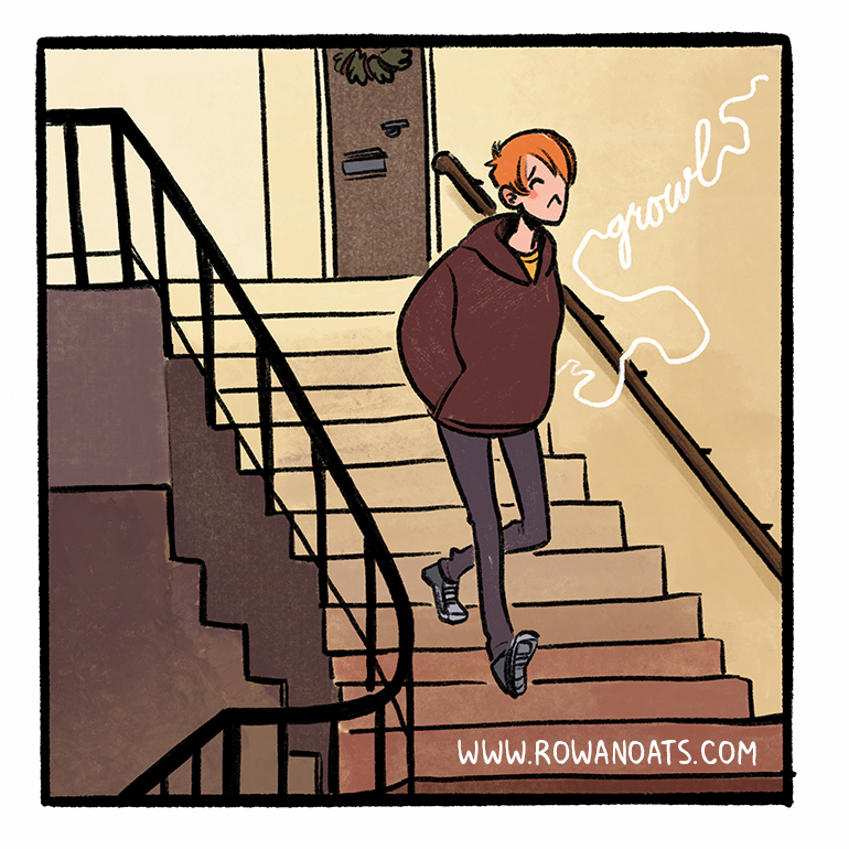 Panel eleven. They head down the stairwell, stomach growling loudly.