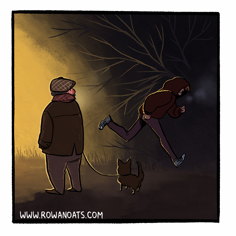 Panel fourteen. They pass an old man walking his dog.
