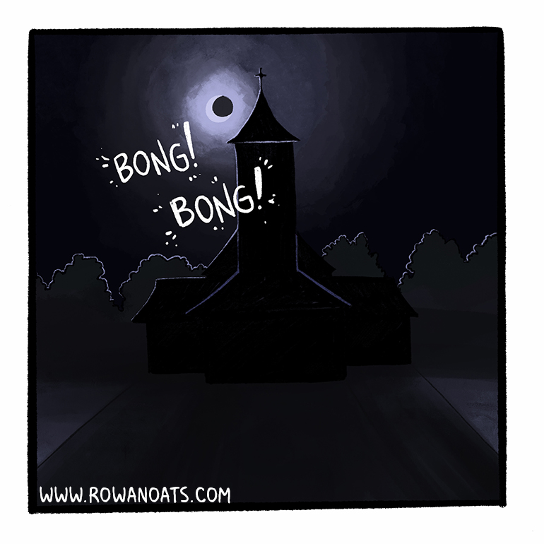 Panel seventeen. The clock starts to strike midnight. Bong, bong.