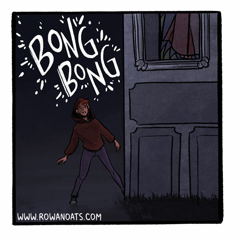 Panel eighteen. Our protagonist rushes around the church, all the while the clocks keep bonging. Bong bong.
