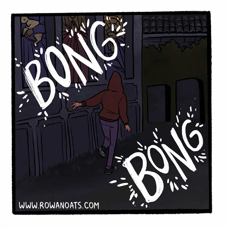 Panel nineteen. They round a corner. Bong bong.