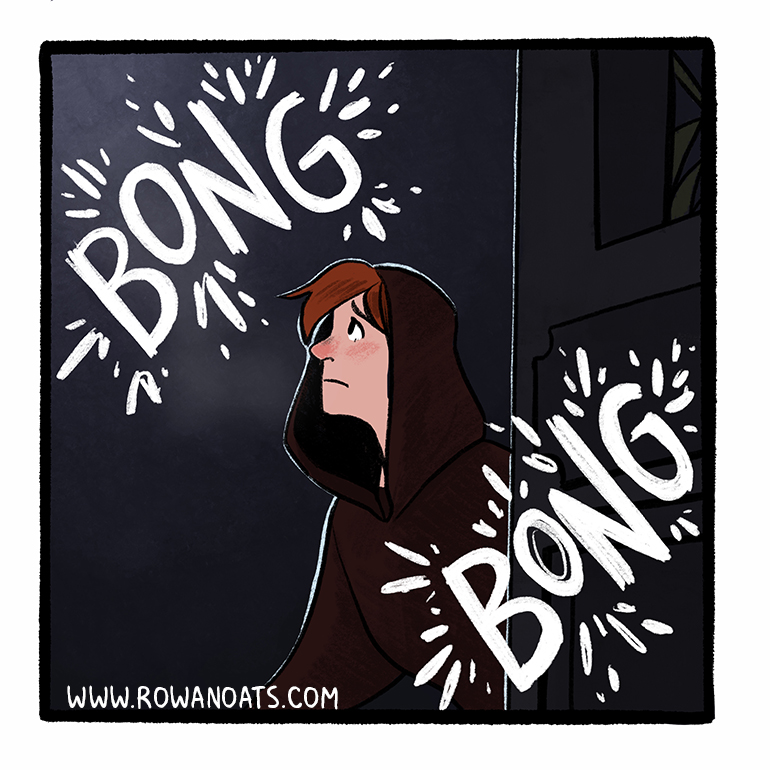 Panel twentyone. They've successfully rounded the church. Bong bong.