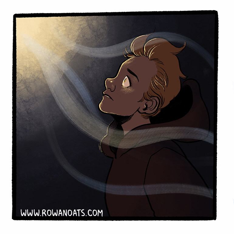 Panel twenty-three. A light shines on our protagonist, knocking the hood off their head.