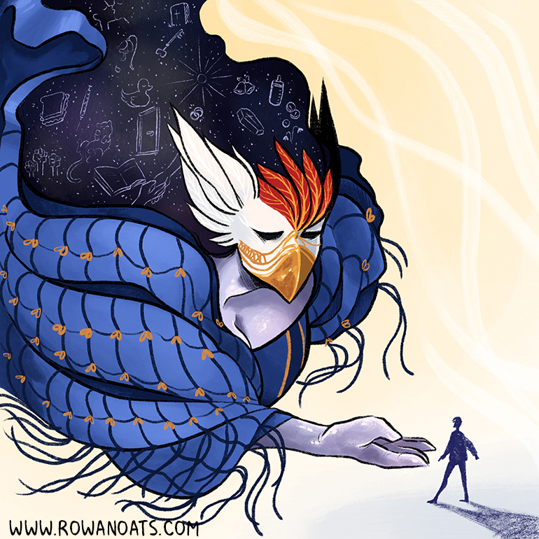 Panel twenty-four. The church grim emerges, a massive angelic creature wrapped in deep blue and gold silk, their skin porcelain and their face resembling a white rooster. They carry with them the New Year. 