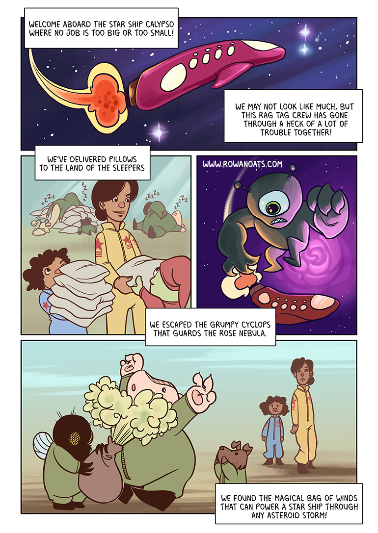 The first page of a full color comic. We are introduced to the starship Calypso, and their many adventures that are absolutely based on the Odyssey.