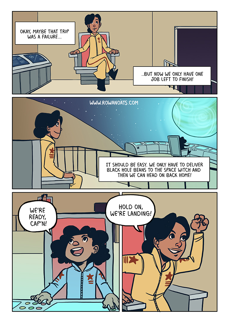 Second page. The spaceship is descending for one last job - delivering black hole beans to the space witch. 