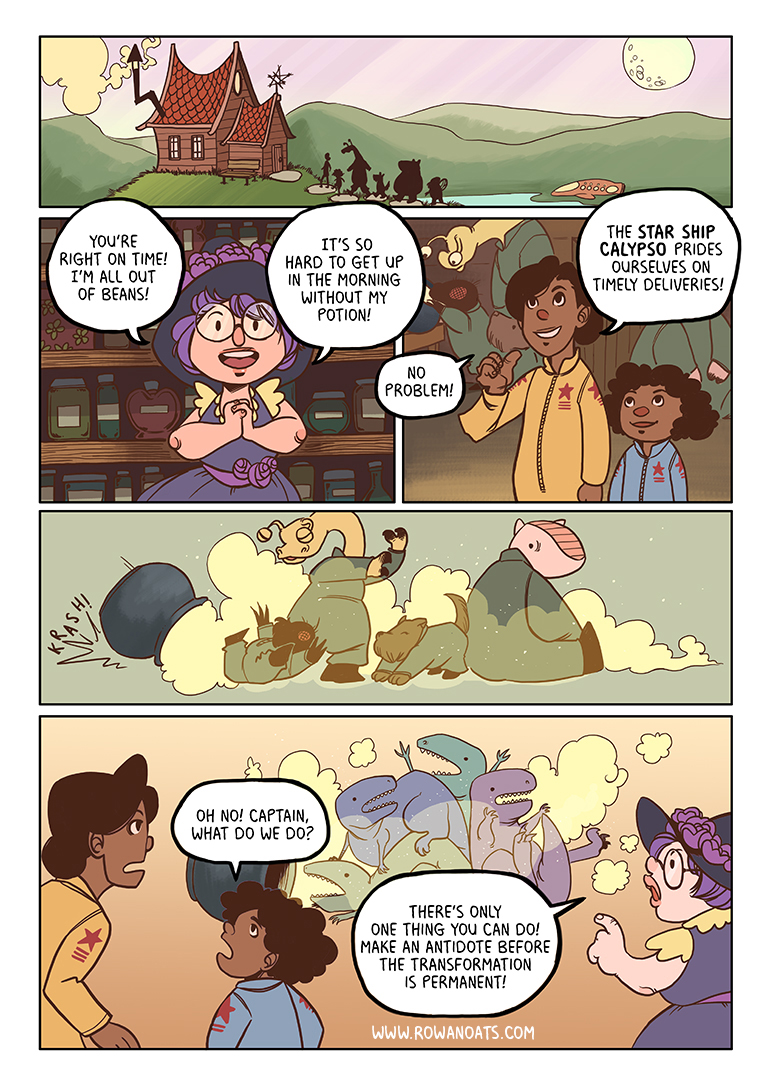 They make their delivery successfully. However, the bumbling crew tips a cauldron over and are all turned into dinosaurs! Oh no!