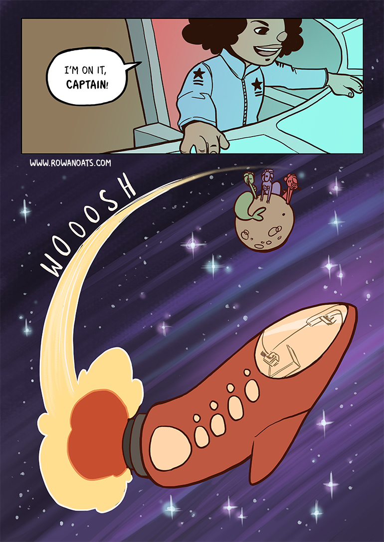 First Mate Luna kicks the Calypso into warp speed, taking them far away from distracting sirens. Comic ends.