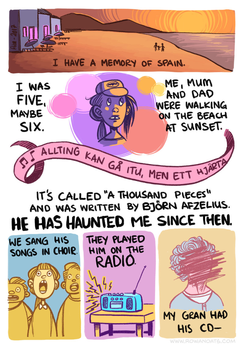 First page of a full color comic. The author talks about a memory of Spain, of a warm evening stroll along the beach and hearing 'A Thousand Pieces' and how Björn Afzelius has haunted them since on the radio, in school choir and their grandma's kitchen.