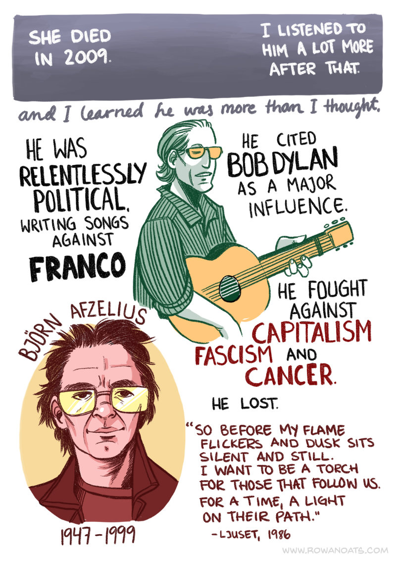 Second page. Said grandma died in 2009, and the author listened more to Björn Afzelius after that. They learned that he was an activist, fighting against capitalism, fascism and cancer. He lost.