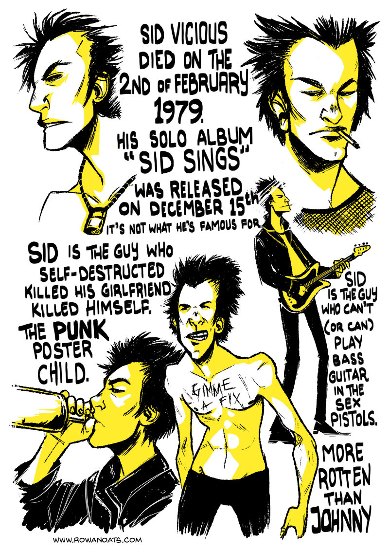 First page of a black, white and Never Mind the Bollocks-yellow comic. We are introduced to Sid Vicious, the punk poster child, and his album Sid Sings.