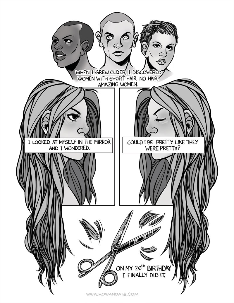 The second page. The author talks about Skin from Skunk Anansie, Dolores O'Riordan and Sinead O'Connor being rolemodels as women with short or no hair.