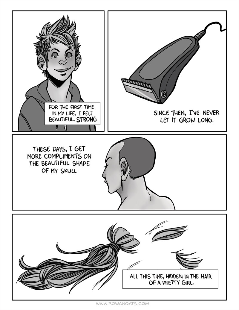 Third page. The artist talks about finally cutting their hair, and finding beauty in the shape of their skull.