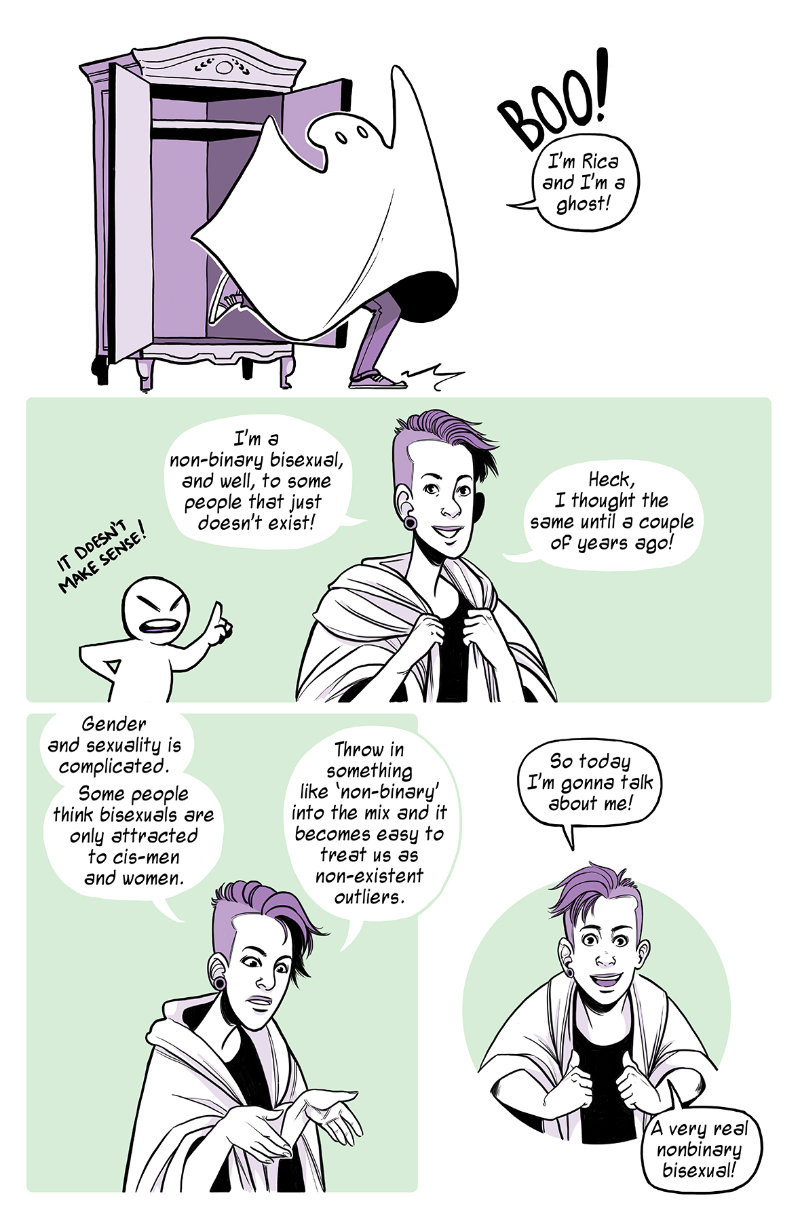 First page of a comic in black, white, pale green and purple. The author introduces themselves as a non-binary bisexual, and explains the problems such an outlier of a person can face.