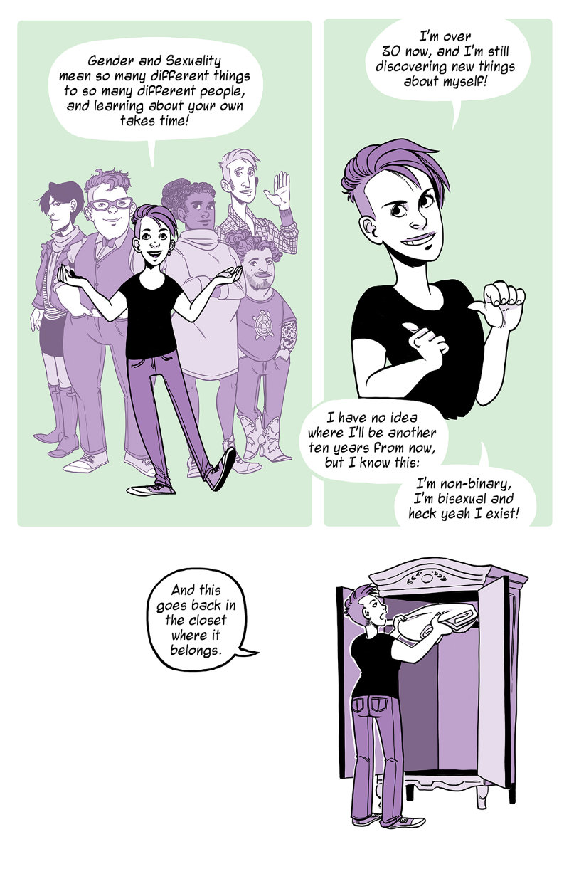 Fifth page. Wrapping up. Gender and sexuality means many different things to many different people, and you have to discover your own in your own time. In the meantime, the ghost sheet goes back into the closet where it belongs.