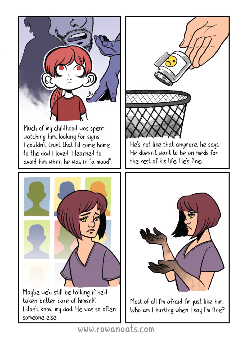 Four more panels. The author talks about being hypervigilant as a child, watching their dad for signs that he was off his meds. They wonder if they would've had a relationship now if he'd taken better care of himself - their father was so often someone else. Who are they hurting, when they don't take care of themselves?