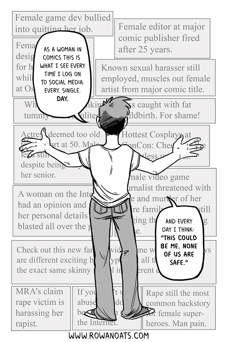Page four. The author continues to explain the terror of logging on to social media and seeing nothing but news of women being fired, bullied and harassed out of the business. None of us are safe.