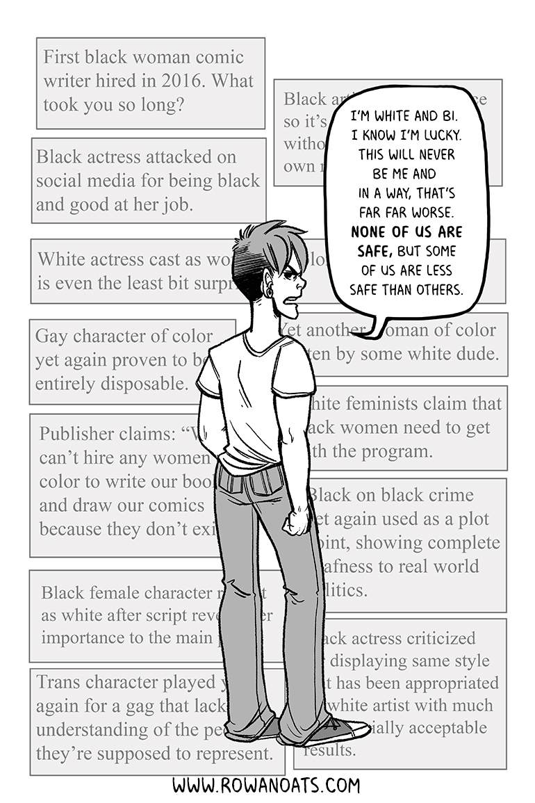 Page five. And this is from a privileged standpoint. The author is not a person of color. They are cis and straight passing. They will never face the same level of hate and harassment that black, trans or otherwise non-conforming individuals do.