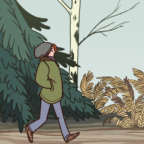 A color illustration of a person walking on a dirt road in late autumn. There are trees and yellow ferns in the background.