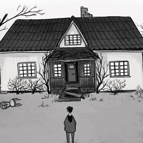 A black and white drawing of a person standing in front of their dilapidated childhood home. 