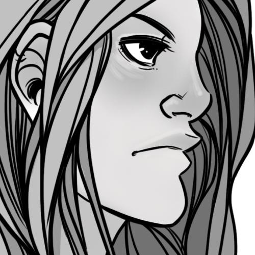 A grayscale drawing of a young, determined woman. She has long hair.