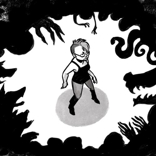 A black and white drawing of a person, surrounded by dark, menacing, tentacled shadows with teeth.
